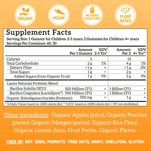 Llama Naturals Kids Prebiotic & Probiotic Gummies, Peach Mango (60 ct)