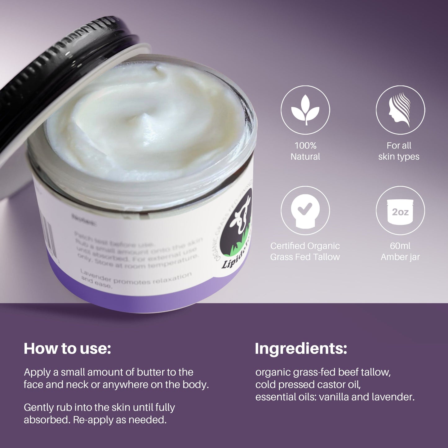 Lavender Love, Face and Body Cream Vanilla and Lavender Organic Grass-Fed Tallow 60 ml