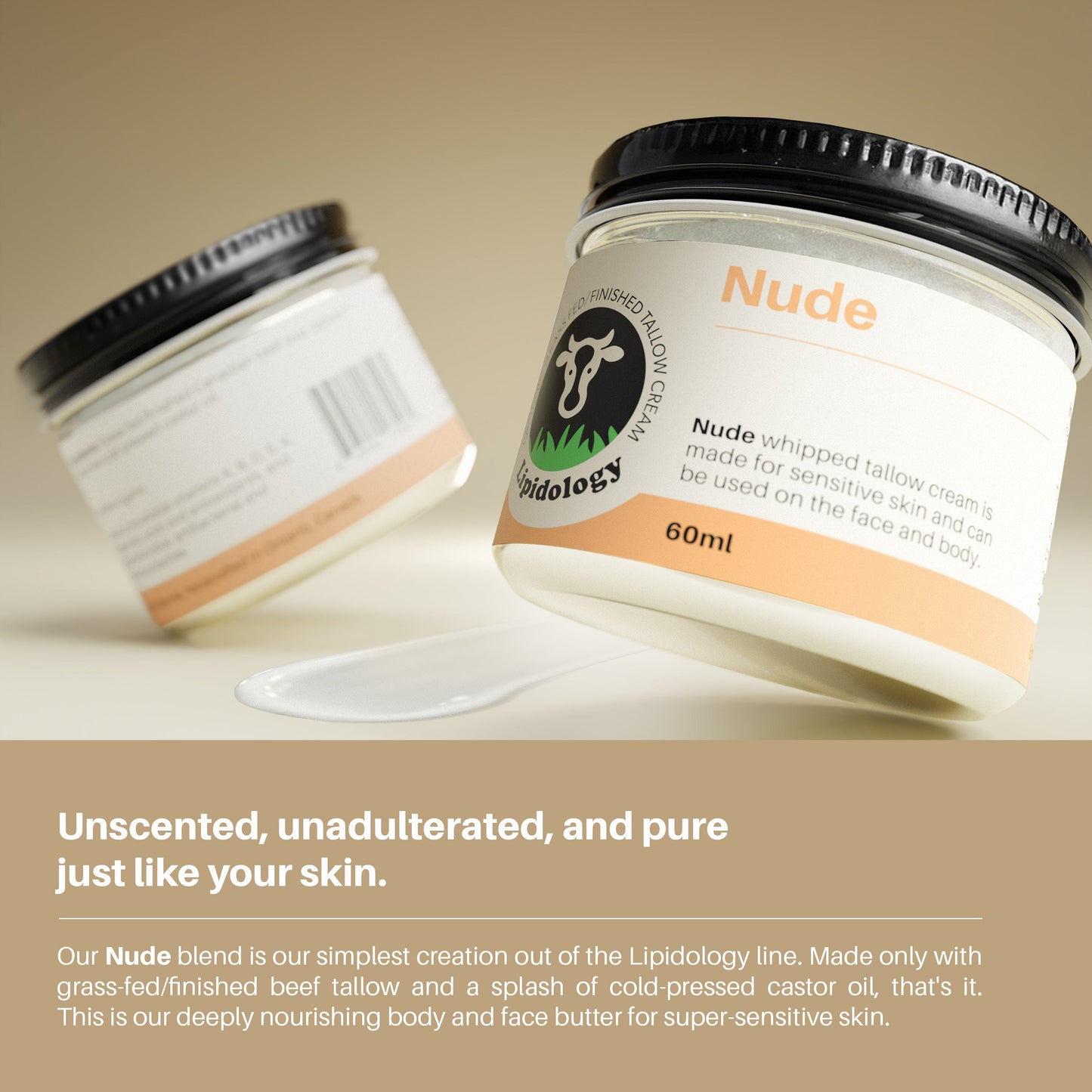 Nude Face and Body Cream, Unscented, Organic Grass-Fed/Finished Tallow, 60 ml