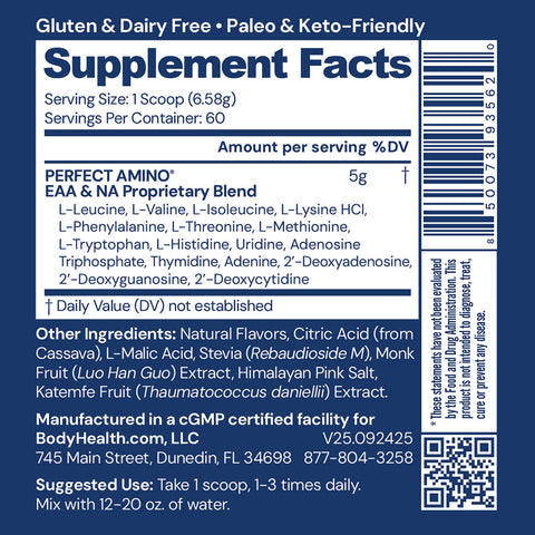 BodyHealth PerfectAmino Powder NSF Certified for Sport (Mixed Berry, 60 Servings) — supplement facts label