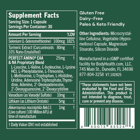 BodyHealth Akkermansia+ (30 Capsules) — supplement facts label