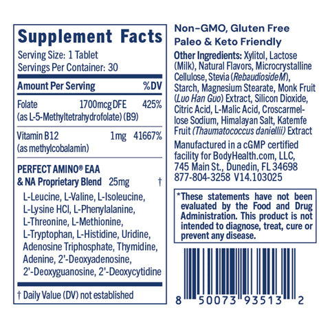 BodyHealth Methyl B12 & Methyl Folate (30 Tablets) — supplement facts label