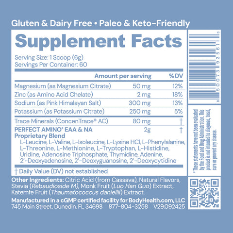 BodyHealth PerfectAmino Electrolytes NSF Certified for Sport (Lemon Lime, 60 Servings) — supplement facts label