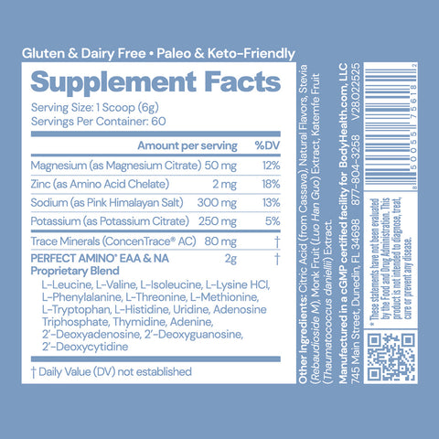 BodyHealth PerfectAmino Electrolytes (Lemon Lime, 60 Servings) — supplement facts label