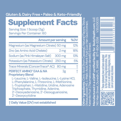 BodyHealth PerfectAmino Electrolytes (Mixed Berry, 60 Servings) — supplement facts label