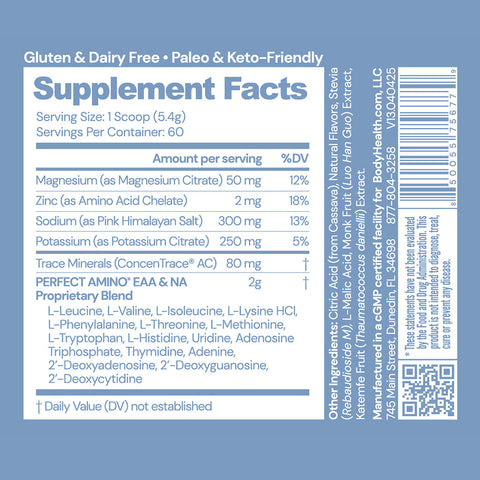 BodyHealth PerfectAmino Electrolytes (Orange, 60 Servings) — supplement facts label
