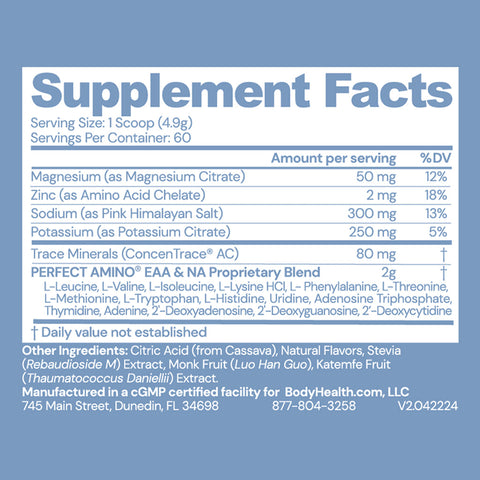BodyHealth PerfectAmino Electrolytes (Passion Fruit, 60 Servings) — supplement facts label