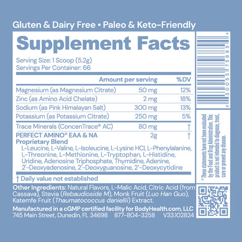 BodyHealth PerfectAmino Electrolytes NSF Certified for Sport (Watermelon, 60 Servings) — supplement facts label