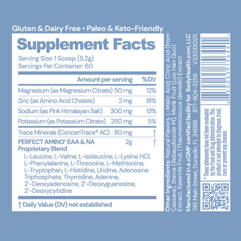 BodyHealth PerfectAmino Electrolytes (Watermelon, 60 Servings) — supplement facts label