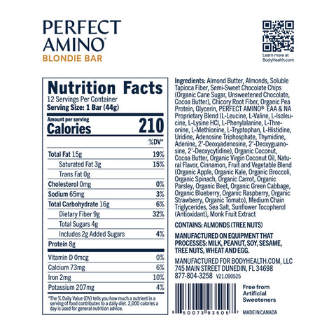 BodyHealth PerfectAmino Bar (Blondie, Box of 12) — supplement facts label