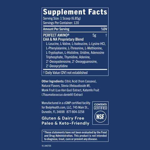 BodyHealth PerfectAmino Powder (Lemon Lime, 120 Servings) — supplement facts label