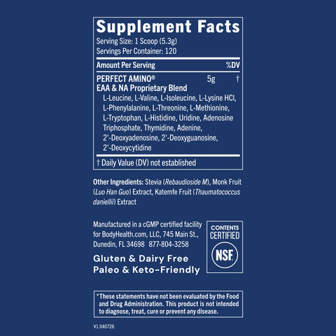 BodyHealth PerfectAmino Powder (Unflavored, Lightly Sweetened, 120 Servings) — supplement facts label