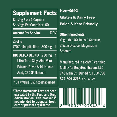 BodyHealth Bio Detox (60 Capsules) — supplement facts label