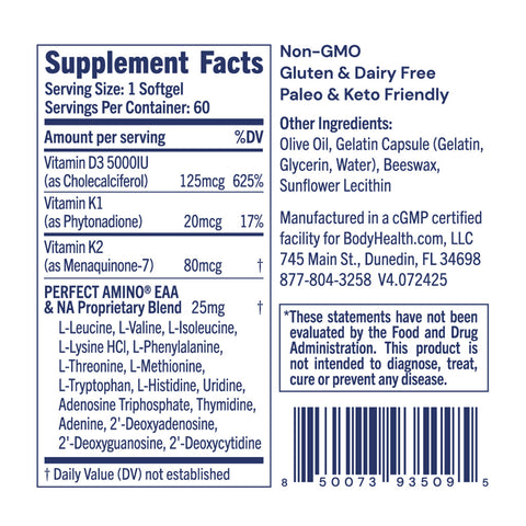 BodyHealth D3 + MK7 (60 Softgels) — supplement facts label