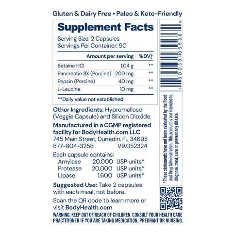 BodyHealth Digestive Enzymes (180 Capsules) — supplement facts label