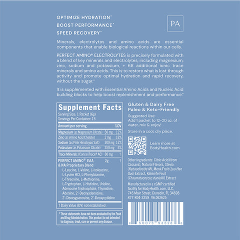 BodyHealth PerfectAmino Electrolytes Travel Packets (Lemon Lime, 15 Packets) — supplement facts label