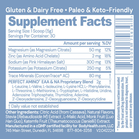 BodyHealth PerfectAmino Electrolytes (Mixed Berry, 30 Servings) — supplement facts label