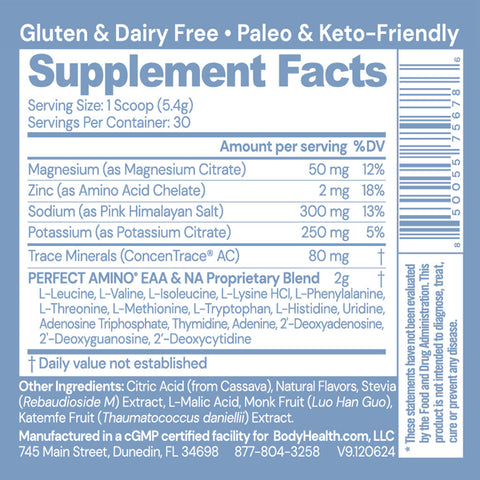 BodyHealth PerfectAmino Electrolytes (Orange, 30 Servings) — supplement facts label