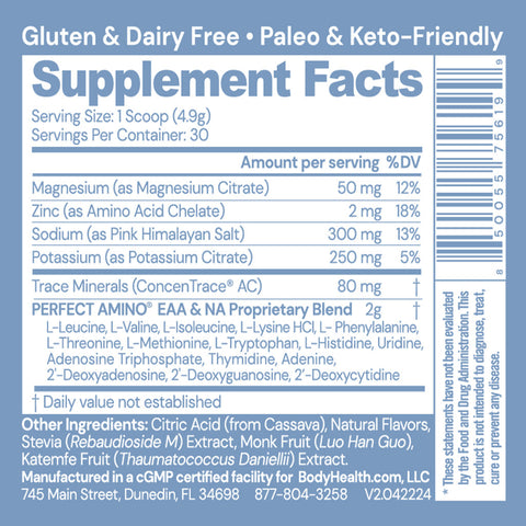 BodyHealth PerfectAmino Electrolytes (Passion Fruit, 30 Servings) — supplement facts label