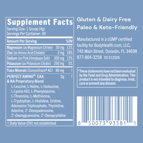 BodyHealth PerfectAmino Electrolytes (Unflavored & Unsweetened, 30 Servings) — supplement facts label