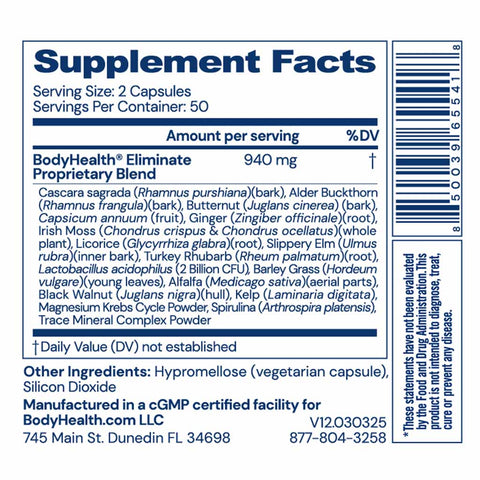 BodyHealth Eliminate (100 Capsules) — supplement facts label