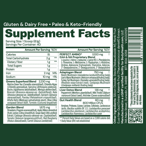 BodyHealth Greens (40 Servings) — supplement facts label