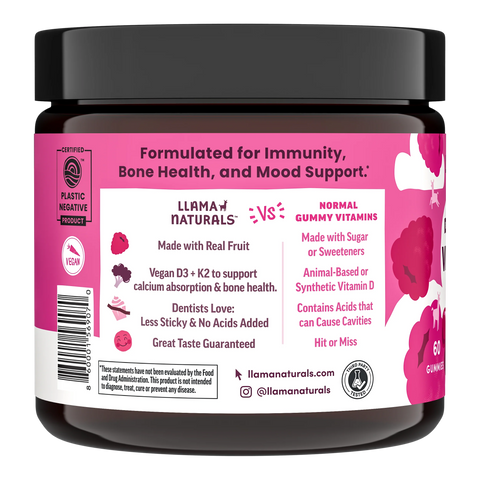 Llama Naturals Kids & Adult Vitamin D3 + K2 Gummies, Raspberry (60 ct) Vitamins & Supplements Llama Naturals