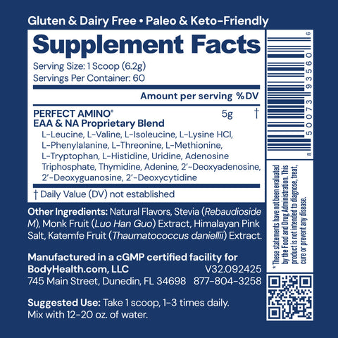 BodyHealth PerfectAmino Powder NSF Certified for Sport (Vanilla, 60 Servings) — supplement facts label