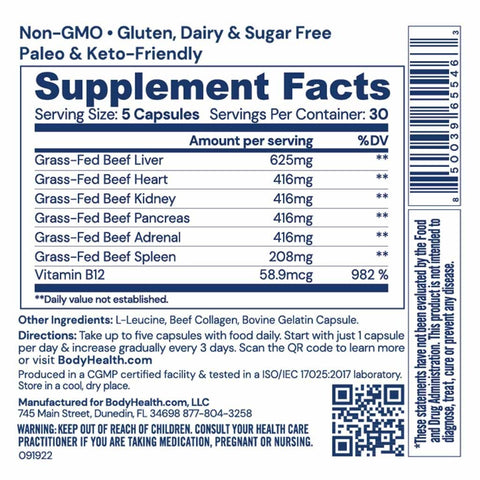 BodyHealth Organ+ (150 Capsules) — supplement facts label