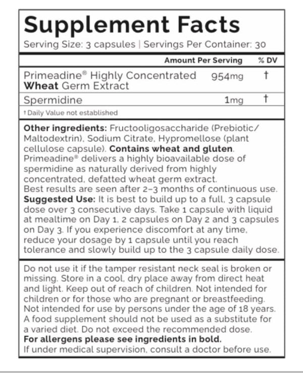 Primeadine Original Spermidine Supplement - 1 Bottle / 30 Day Supply