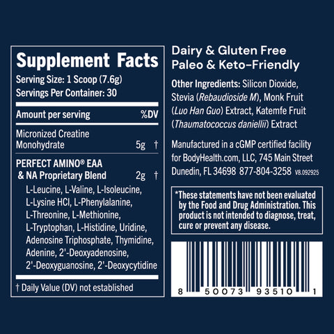 BodyHealth PerfectAmino Creatine (Powder, 30 Servings) — supplement facts label