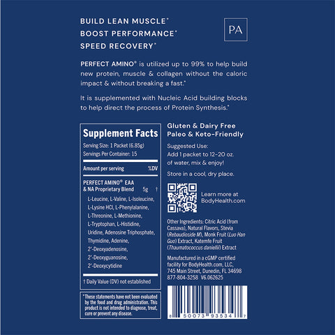BodyHealth PerfectAmino Travel Packets (Lemon Lime, 15 Packets) — supplement facts label