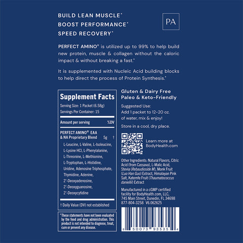 BodyHealth PerfectAmino Travel Packets (Mixed Berry, 15 Packets) — supplement facts label