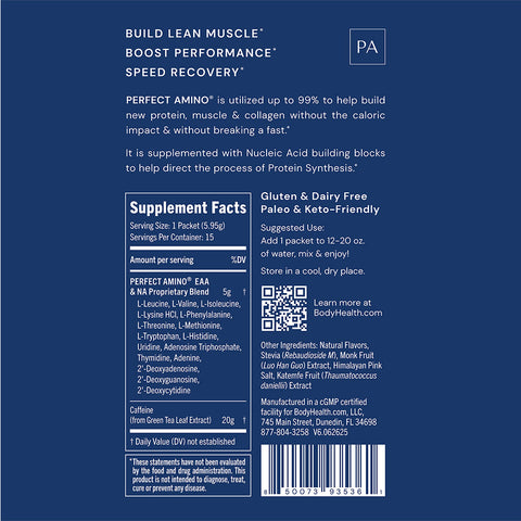 BodyHealth PerfectAmino Travel Packets (Mocha, 15 Packets) — supplement facts label