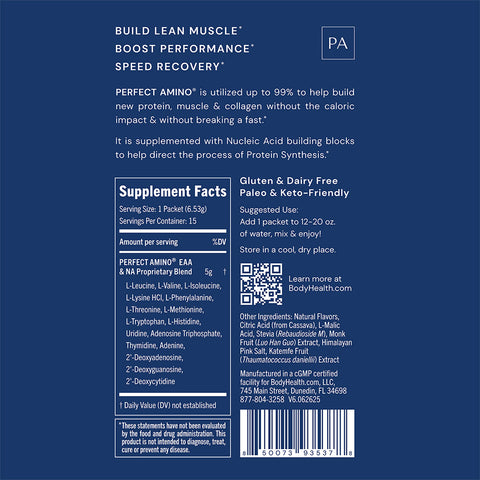 BodyHealth PerfectAmino Travel Packets (Strawberry, 15 Packets) — supplement facts label