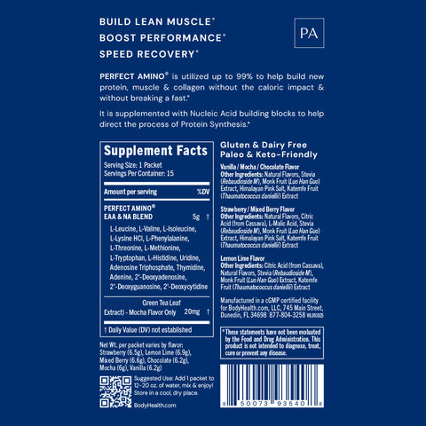 BodyHealth PerfectAmino Travel Packets (Variety Pack, 15 Packets) — supplement facts label