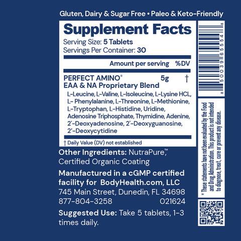 BodyHealth PerfectAmino Tablets (Uncoated, 150 Tablets) — supplement facts label
