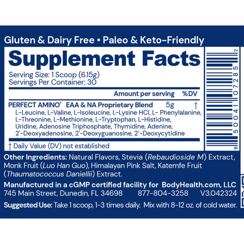 BodyHealth PerfectAmino Powder (Chocolate, 30 Servings) — supplement facts label