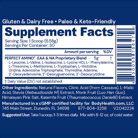 BodyHealth PerfectAmino Powder (Mixed Berry, 120 Servings) — supplement facts label