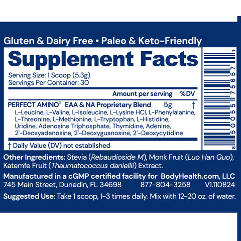 BodyHealth PerfectAmino Powder (Unflavored, Lightly Sweetened, 30 Servings) — supplement facts label