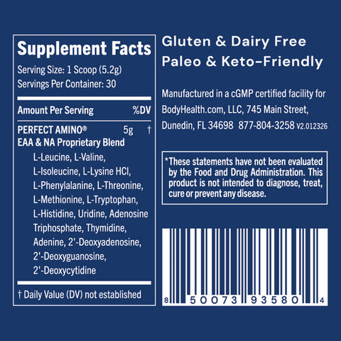 BodyHealth PerfectAmino Powder Unflavored & Unsweetened supplement facts label