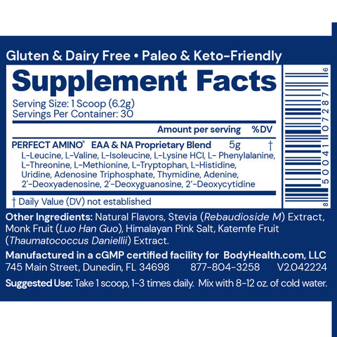 BodyHealth PerfectAmino Powder (Vanilla, 30 Servings) — supplement facts label