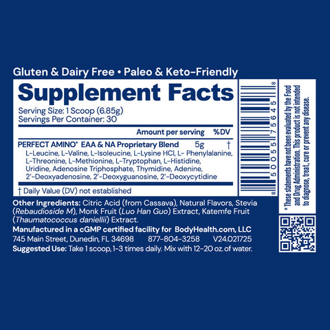 BodyHealth PerfectAmino Powder (Lemon Lime, 30 Servings) — supplement facts label