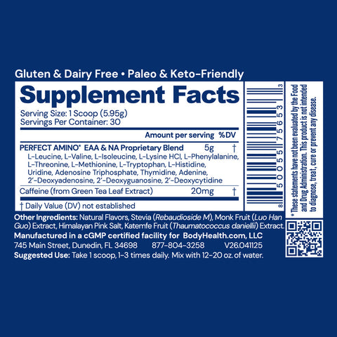 BodyHealth PerfectAmino Powder (Mocha, 30 Servings) — supplement facts label