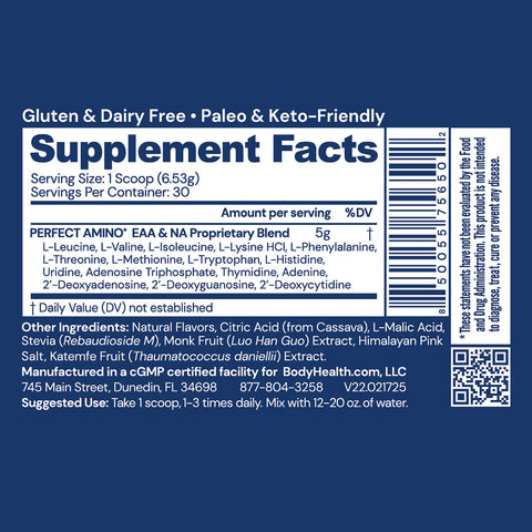 BodyHealth PerfectAmino Powder (Strawberry, 30 Servings) — supplement facts label