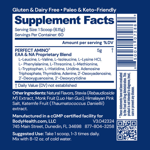 BodyHealth PerfectAmino Powder (Chocolate, 60 Servings) — supplement facts label