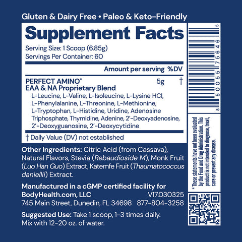 BodyHealth PerfectAmino Powder (Lemon Lime, 60 Servings) — supplement facts label