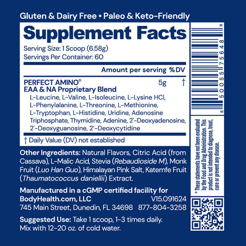 BodyHealth PerfectAmino Powder (Mixed Berry, 60 Servings) — supplement facts label