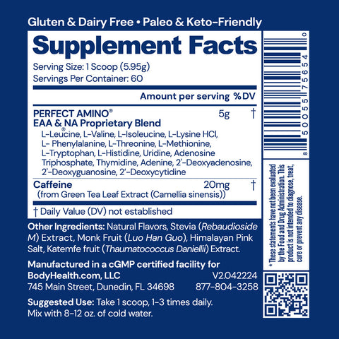 BodyHealth PerfectAmino Powder (Mocha, 60 Servings) — supplement facts label