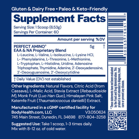 BodyHealth PerfectAmino Powder (Strawberry, 60 Servings) — supplement facts label